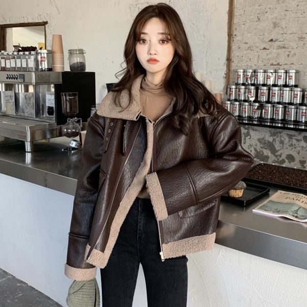 

зима 2020 новый pu мотоцикл костюм плюс толстый бархат рыхлые короткие пальто женщин, Black