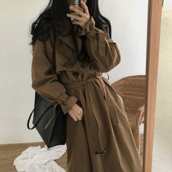 

women autumn winter vintage long trench coat female khaki windbreaker double breasted long sleeve cloak with belt overcoat, Tan;black