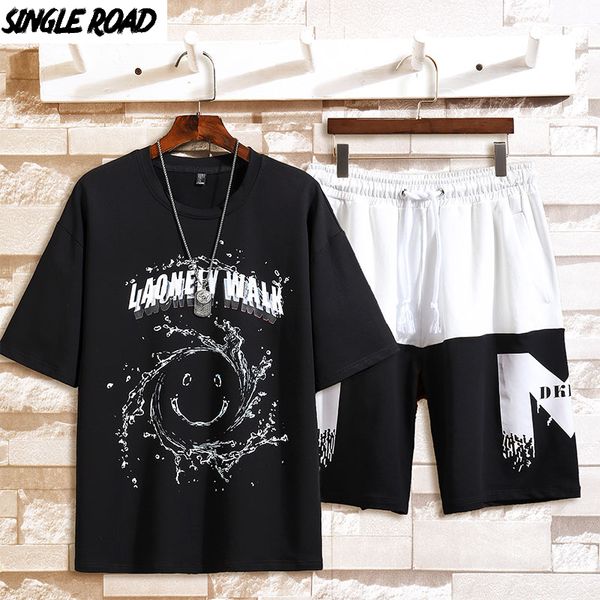 

singleroad mens tracksuit japanese streetwear sets 2020 summer punk water drops t-shirt patchwork shorts men korean clothes male, Gray