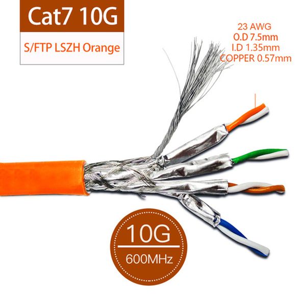 

cat7 sftp installation cable 23awg 0.57mm pure copper wires double shield cat 7 ethernet network wire lszh 10g 600mhz orange
