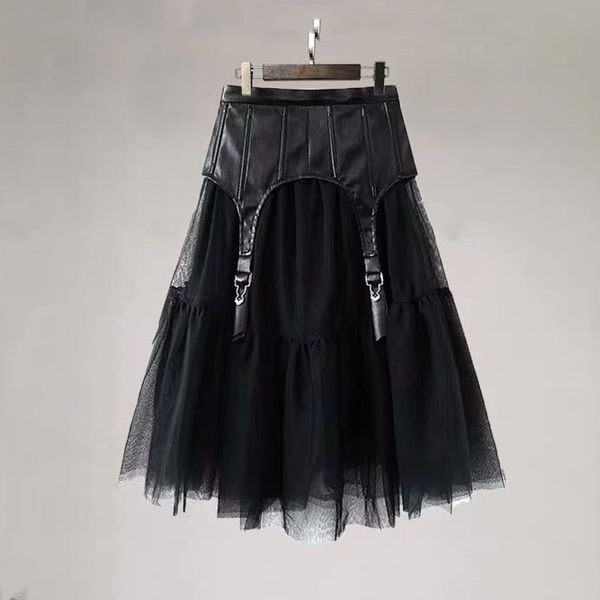 

skirts designer women skirt pu leather tulle patchwork mid long, Black