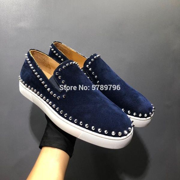 

low cut red bottom dark blue suede leather sports shoes for men casual fashion flat loafers circle silver rivets runway sneakers, Black