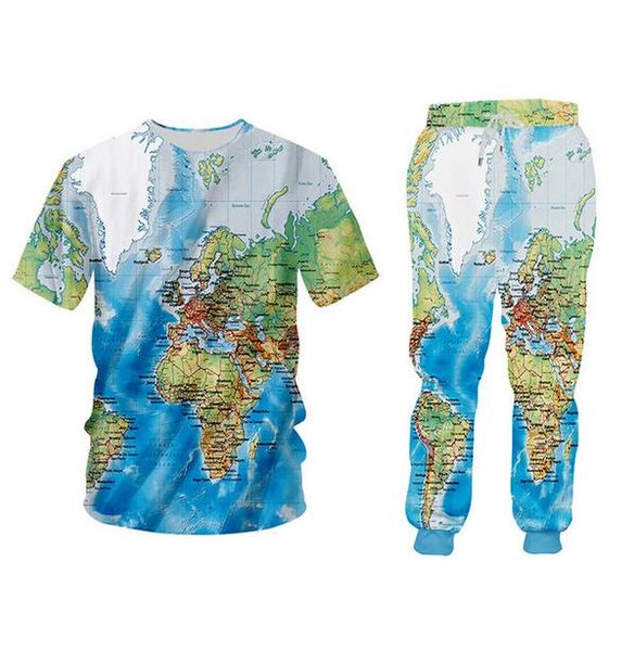 

new fashion couples men women world map funny 3d print casual creative streewear two piece set ( shirts + pants, White;black
