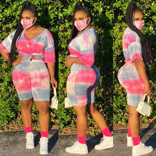 

plus size women dye tie print two piece outfits sets tracksuit set short sleeve t shirts + skinny short pants jogging suits rompers, White