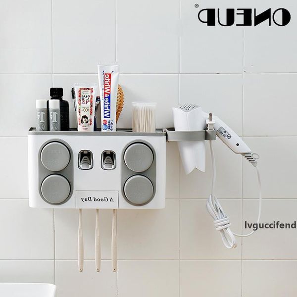

oneup multifunction bathroom accessories automatic toothpaste dispenser with suction cup toothbrush holder wall mount shelf t200507