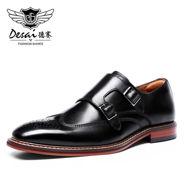 

desai monk strap slip on genuine leather shoe business handmade dress brogue shoes for men with buckle 2020, Black