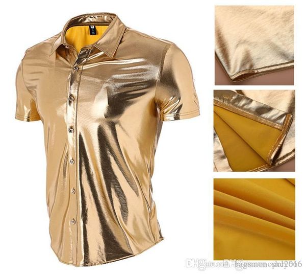 

men's gold trendy nightclubs bling-bling short sleeve lapel t-shirt light-faced performance dance shirt fashion clothes with button clo, White;black