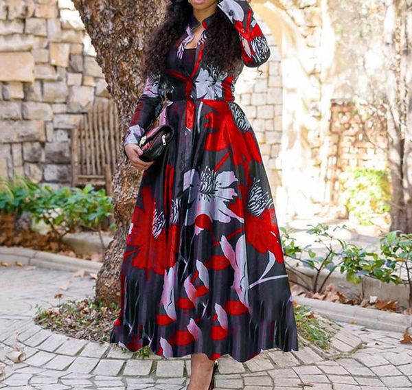 

ball gown ladies dresses spring autumn single breasted female clothing big swing print womens dresses long sleeve, Black;gray