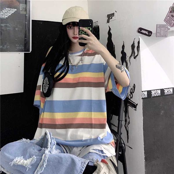 

sweet soft girly harajuku rainbow stripe printed fairy women t-shirt for 2020 summer cute o-neck woman man tee shirt female, White