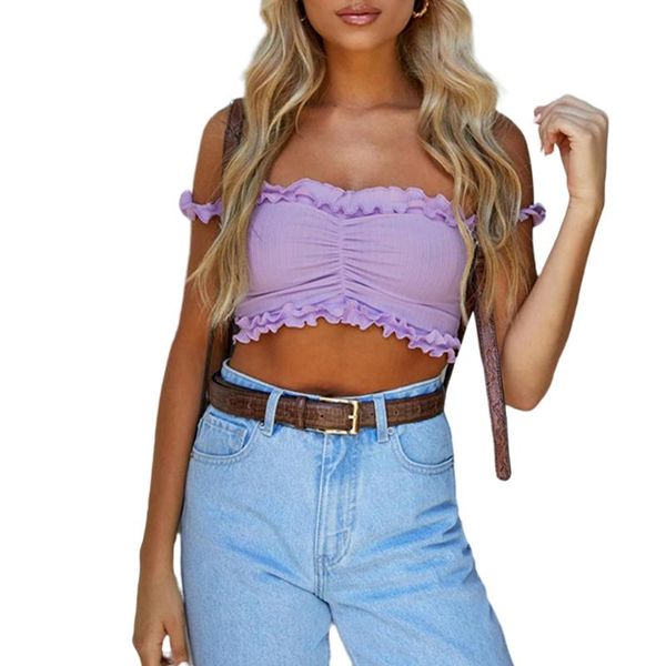 

women's tanks & camis slash neck ruffles ruched off shoulder crop 2021 summer women knitting navel bare street fashion t shirt shor, White