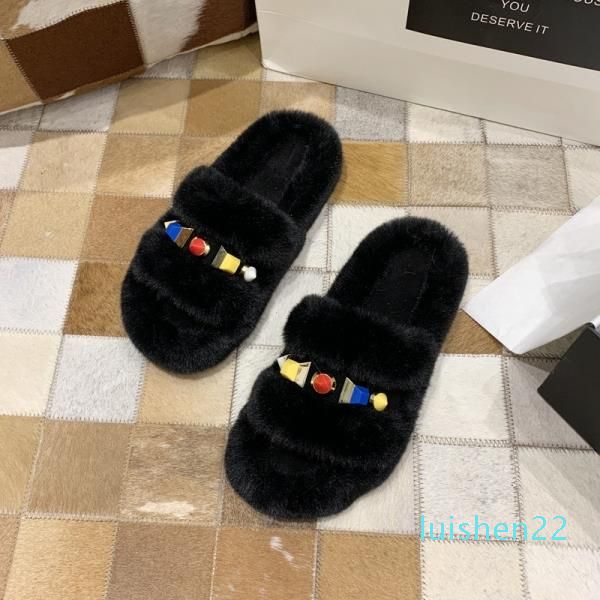 

flock home slippers women's fur shoes slides fashion pantofle massage plush flat luxury soft 2020 fabric basic pu autumn rome l22, Black