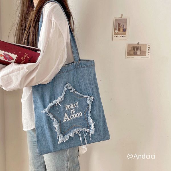 

washed denim shoulder bags women casual blue canvas cloth bag students schoolbag portable shopping bags