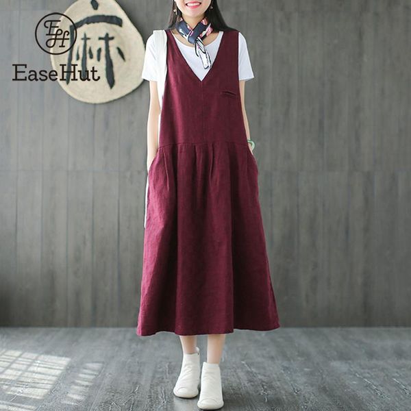 

easehut vintage women cotton sleeveless dress solid v neck autumn plus size 5xl casual loose baggy midi dresses vestidos elbise, Black;gray