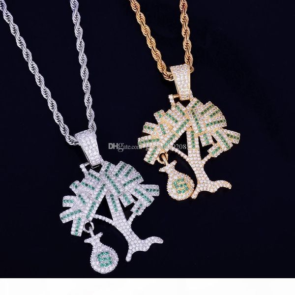 

хип-хоп золото серебро цвет кубический циркон доллар сша денежное дерево ожерелье для мужчин iced out bling ювелирные подарки, Silver