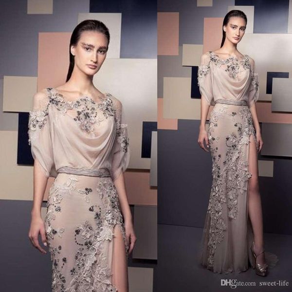 

ziad nakad 2021 sheath evening dresses lace applique beads side split floor length prom gowns formal party dress half sleeve robes de soirÃ©e, Black
