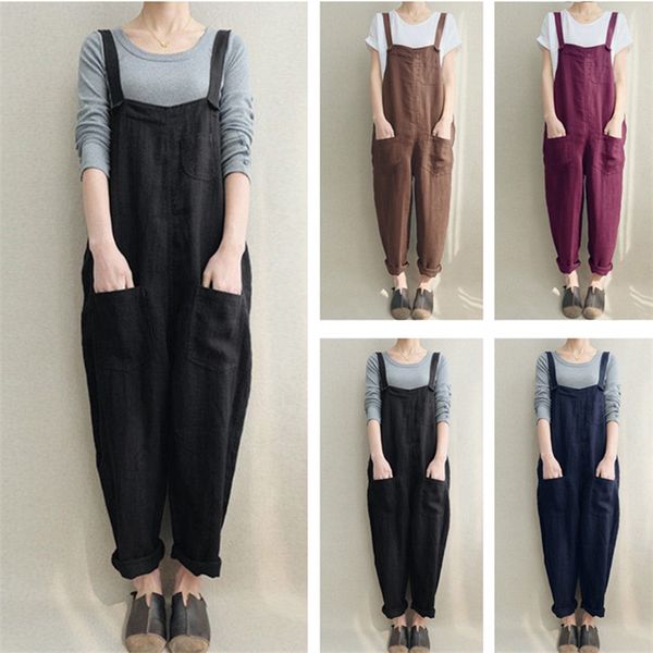 

s-5xl women overalls spring autumn flax jumpsuit casual loose suspender trousers pants pocket button rompers ladies jumpsuits overalls ins, Blue