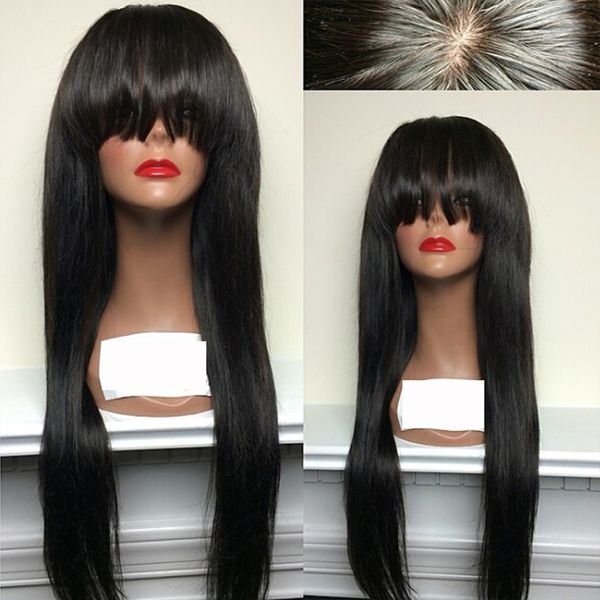 

360 transparent lace frontal wig with bangs 13x4 13x6 straight human hair wigs with bangs brazilian lace front wigs with bangs, Black;brown