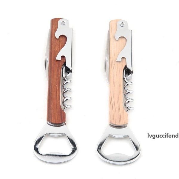 

4 in 1 wine and beer bottle opener wood handle hand-held deluxe corkscrew double hinge waiters bottle opener