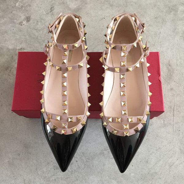 

brand women pumps pointed toe flat fashion women shoes rivets genuine leather ankle strap sandals shoes 35-41 cs08, Black