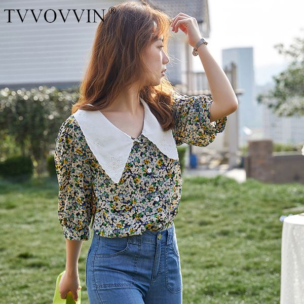 

tvvovvin vintage chiffon puff sleeve blouse women summer korean floral peter pan collar shirt korean fashion clothing ollz, White