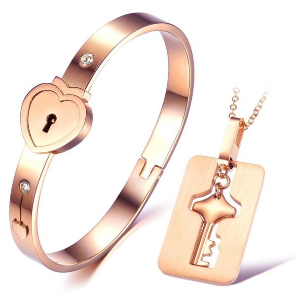 

316l stainless steel lovers heart lock diamond bangles key pendant necklace couple jewelry set lover's valentine's day wedding bir, Silver