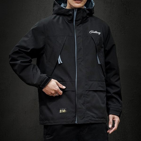 

men's hooded jacket trendy multi pocket loose workwear jacket japanese retro large size casual jackets, Black;brown