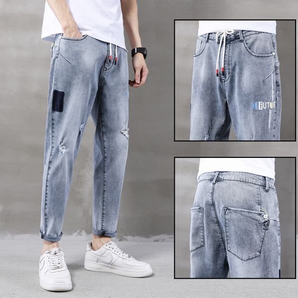 

nine-point ripped harem jeans trousers and jeans men's loose ankle pants trendy brand beggar men's pants, Blue