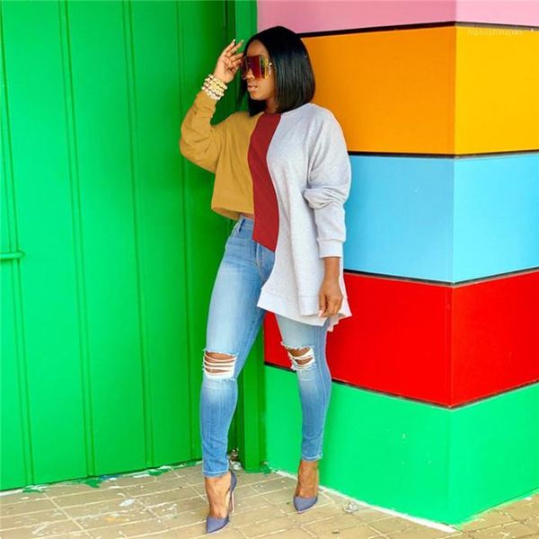 

womens irregular colourful winter hoodies woman fashion patchwork o-neck long sleeve sweatshirt women loose street clothes, Black