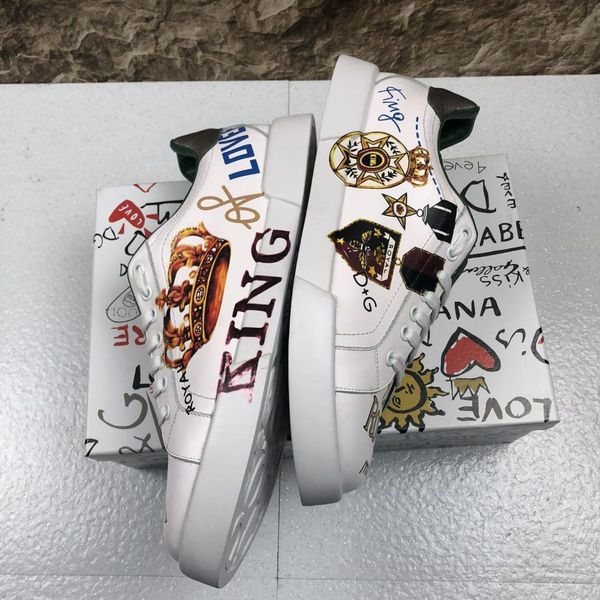 

2020q new trend leather casual shoes fashion men and women comfortable sneakers hand-painted doodle wild couple shoes, size 35-45, Black