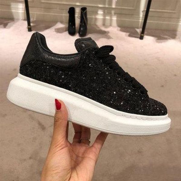 

new classic casual shoes men women shoes fashion leather low sports sneakers velvet glitter flat shoes, Black