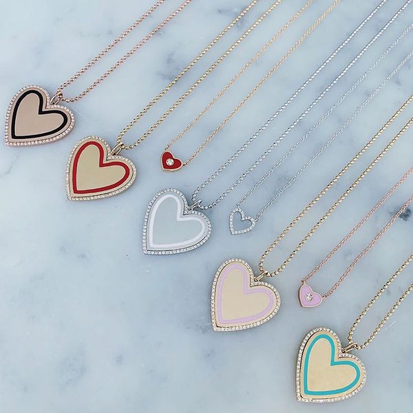 

green red pink white black gem enamel heart pendant necklaces for women lady's gold beads chain sweater necklace, Silver