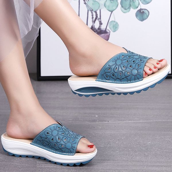 

genuine leather women shoes 2020 summer women's sandals new casual beach platform woman slippers, Black