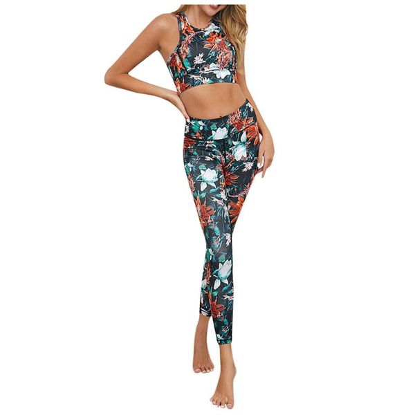 

sagace yoga sets women flower digital print crop digital printing high waist pant sport yoga sets two-piece outfits set, White;red