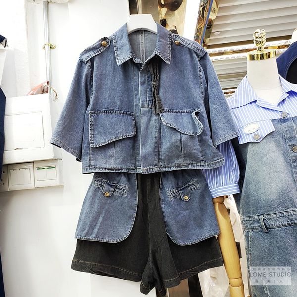 

2020 summer new cowboy suit european fashion short-sleeved jeans coat women + large pocket denim shorts two-piece set pants, White
