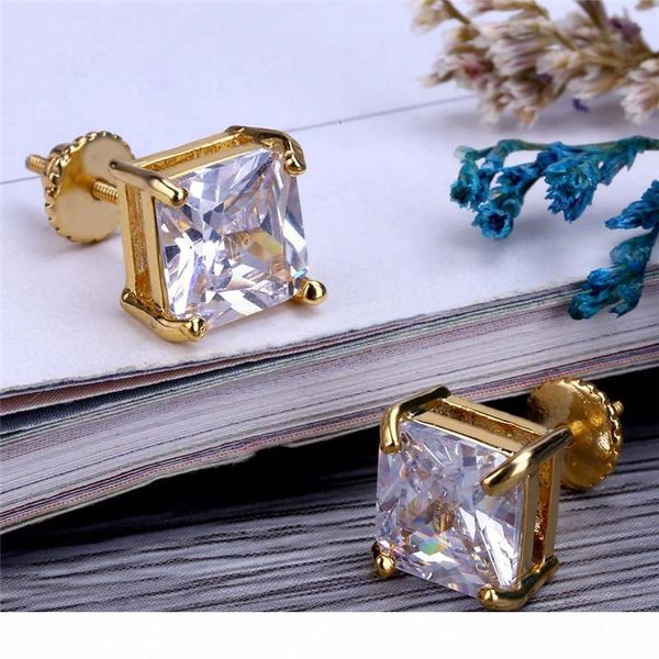 

luxury hiphop earring for mens gold plated hip hop screw back earrings brilliant cz ear stud jewelry sale, Golden;silver