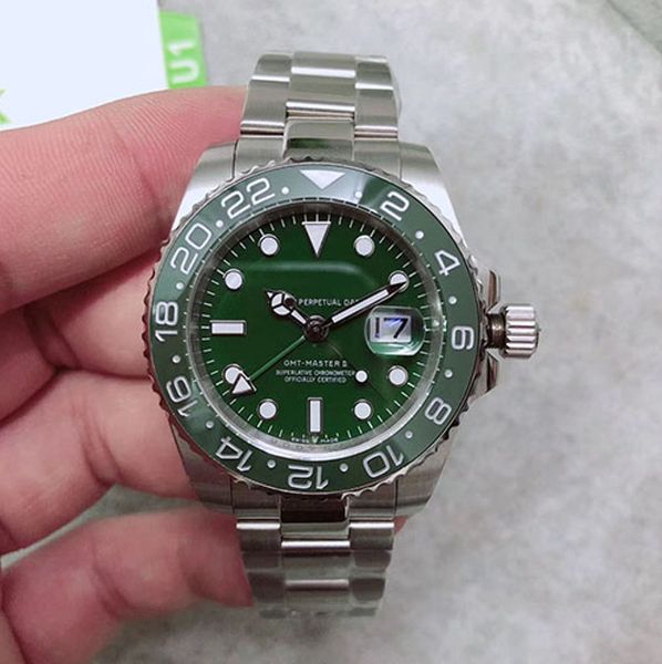 

u1 завод gmt керамический ободок sapphire мужские часы 40mm полный зеленый циферблат часы автоматические механические горячие наручные часы, Slivery;brown