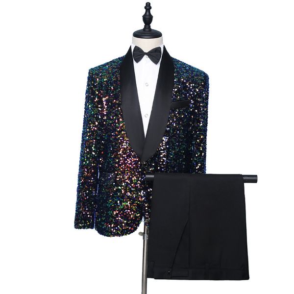 

men suit stage costume chorus performance dress embroidery sequin fashion suits slim shawl lapel banquet host singer dancer ball, White;black