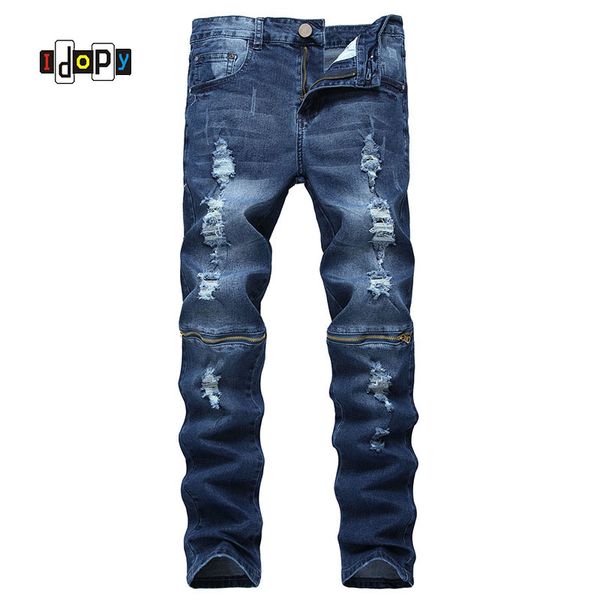 

streetwear hip hop men's jeans skinny fit denim jeans with knee zippers destroyed hole stretch blue pants trousers for youth