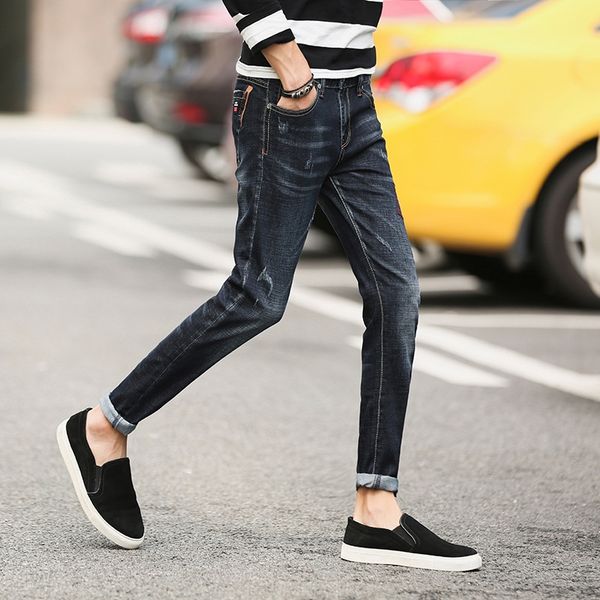 

new men's and jeans feet fashion brand slim jeans men's stretch pants, Blue