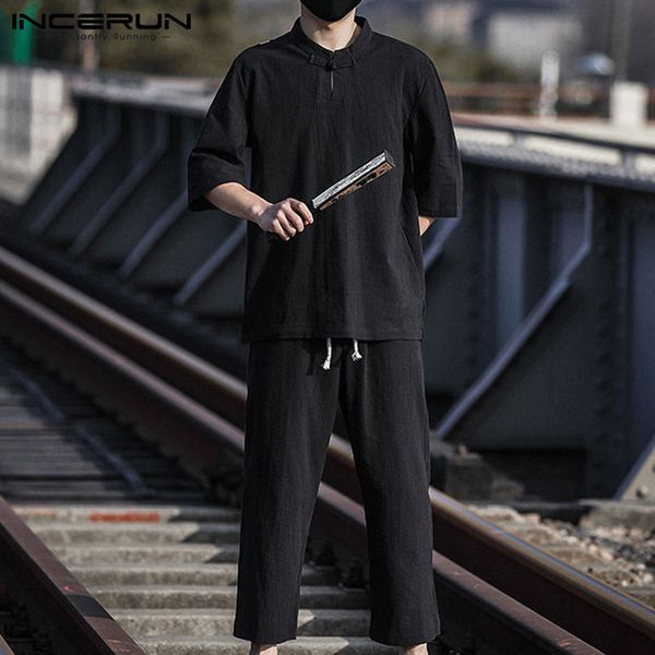 

incerun китайский стиль мужчины наборы solid 2020 половина рукава streetwear стоять воротник рубашки шнурком брюки и джинсы 2 шт урожай мужс, Gray