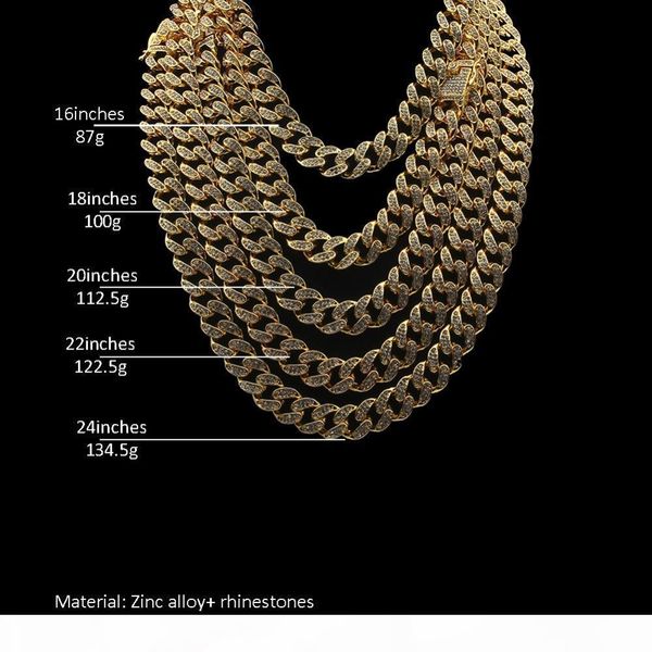 

13mm miami cuban link chain gold silver necklace iced out crystal rhinestone bling hip hop for men jewelry necklaces