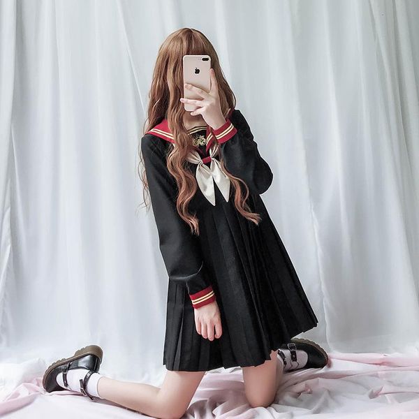 

so cute girl uiform lolita dress pleated skirt women cosplay student costumes, Black;red