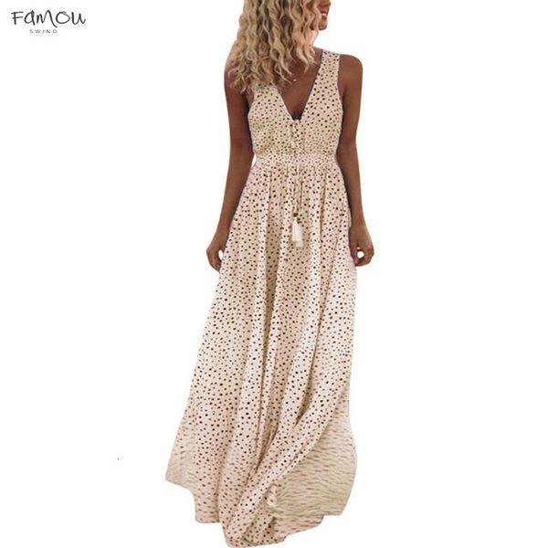 

2020 vestidos summer dress women sleeveless dot print tassels deep v neck long beach maxi dress feminine plus size, Black;gray
