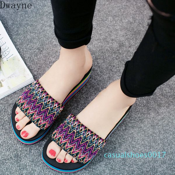 

wedge slippers female summer color rainbow stripes wear non-slip thick bottom slippers women c17, Black