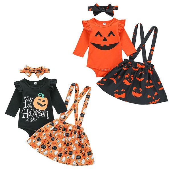 2020 Halloween Outfits bebê Carta abóbora Impresso Manga comprida Romper + suspender saias + alça 3pcs / set Sets Crianças Vestuário