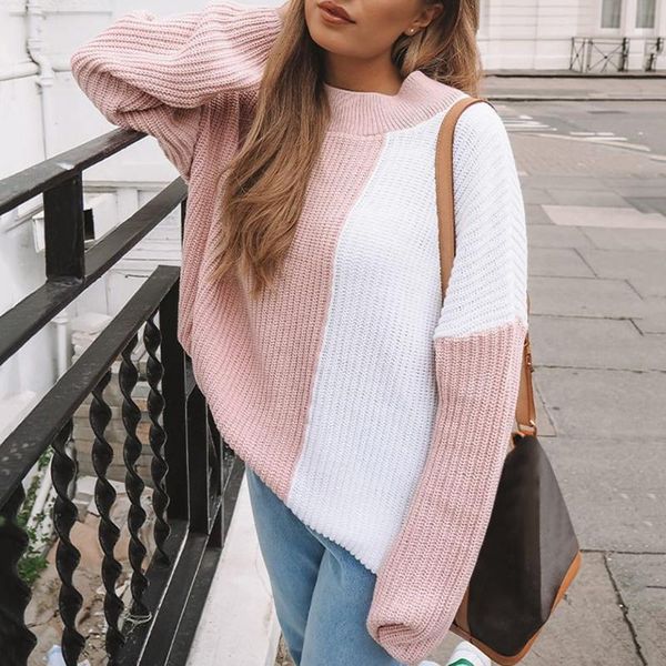 

pullover sweater women contrast color long sleeve knit jumper female black pink patchowork knitwear autumn clothes, White;black