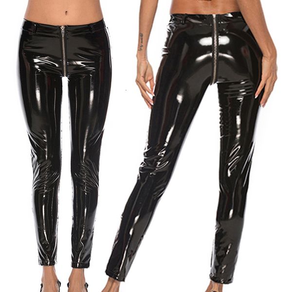 

wet look pants mid waist leggings polyester skinny slim faux leather pants zipper solid color clubwear, Black