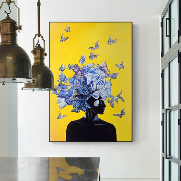 

abstract girl with butterfly nordic canvas painting yellow blue poster and print wall art for living room home decor (no frame