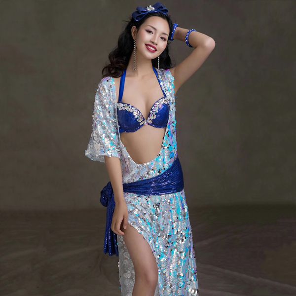 

belly dancer suit female temperament sequins bra+headscarf+hip scarf+robe 4-pcs practice clothes performance skirt, Black;red