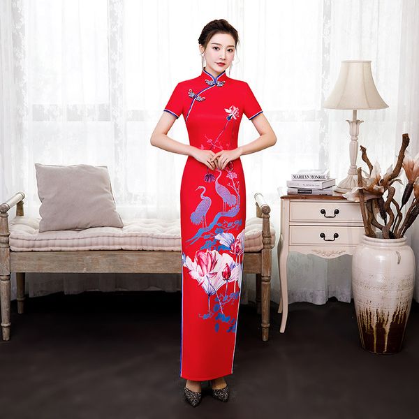 

s-5xl red cheongsam oriental women stage show long party evening qipao vintage chinese female summer elegant dress vestido